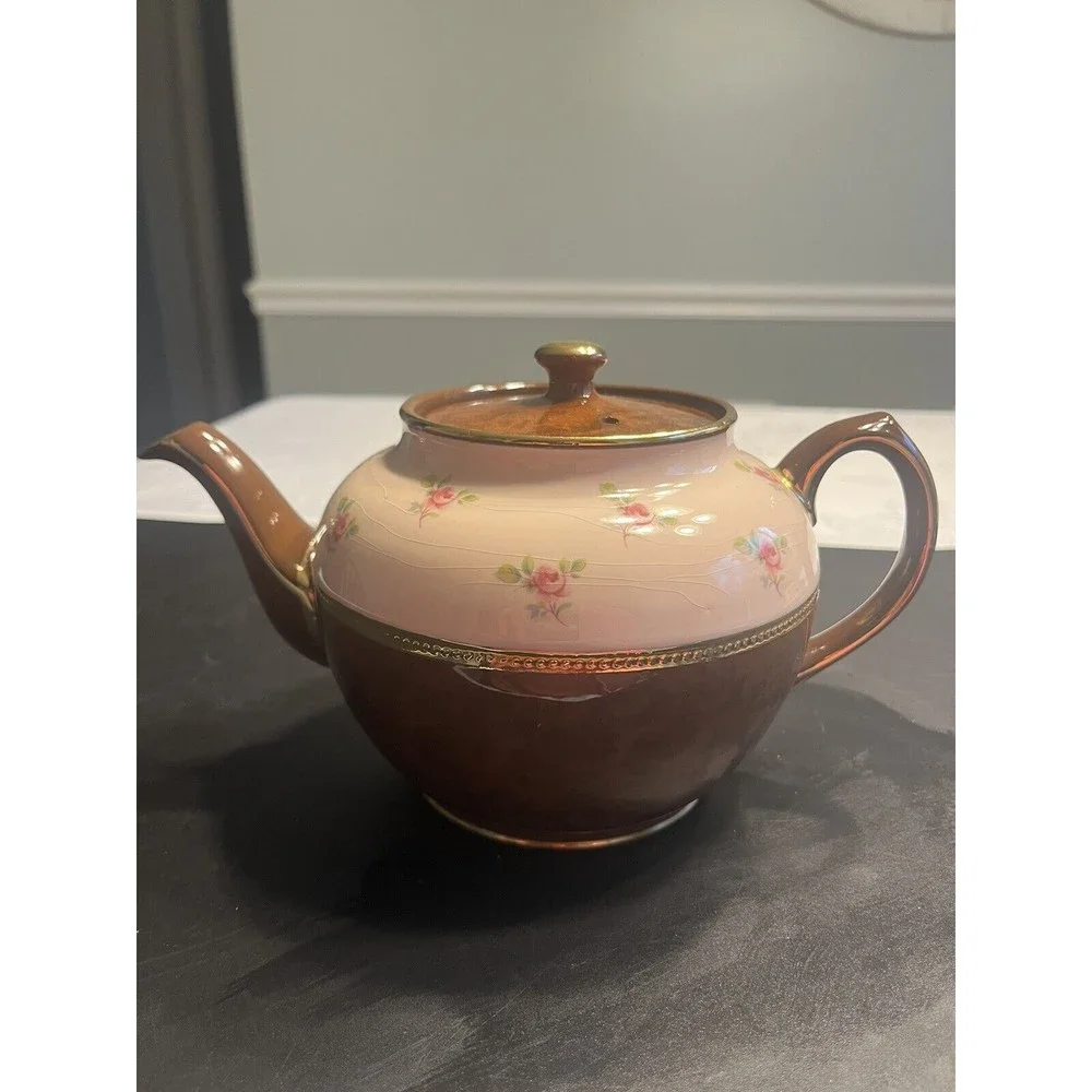 Vtg Sadler Teapot Roses Brown Pink & Gold Staffordshire England